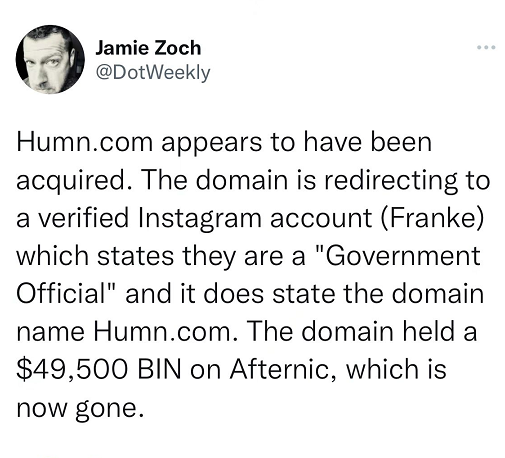 四字母域名Humn.com交易，此前曾报价5万美元