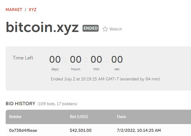 比特币域名Bitcoin.xyz以42,501美元交易
